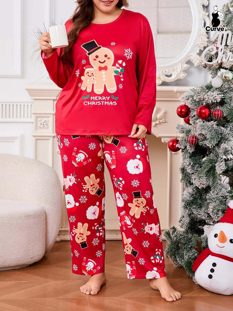 Plus Size Women's Christmas Pajama Set, Santa Claus Print, Snowflake & Gingerbread Man Design, Long Sleeve Comfortable Everyday Sleepwear