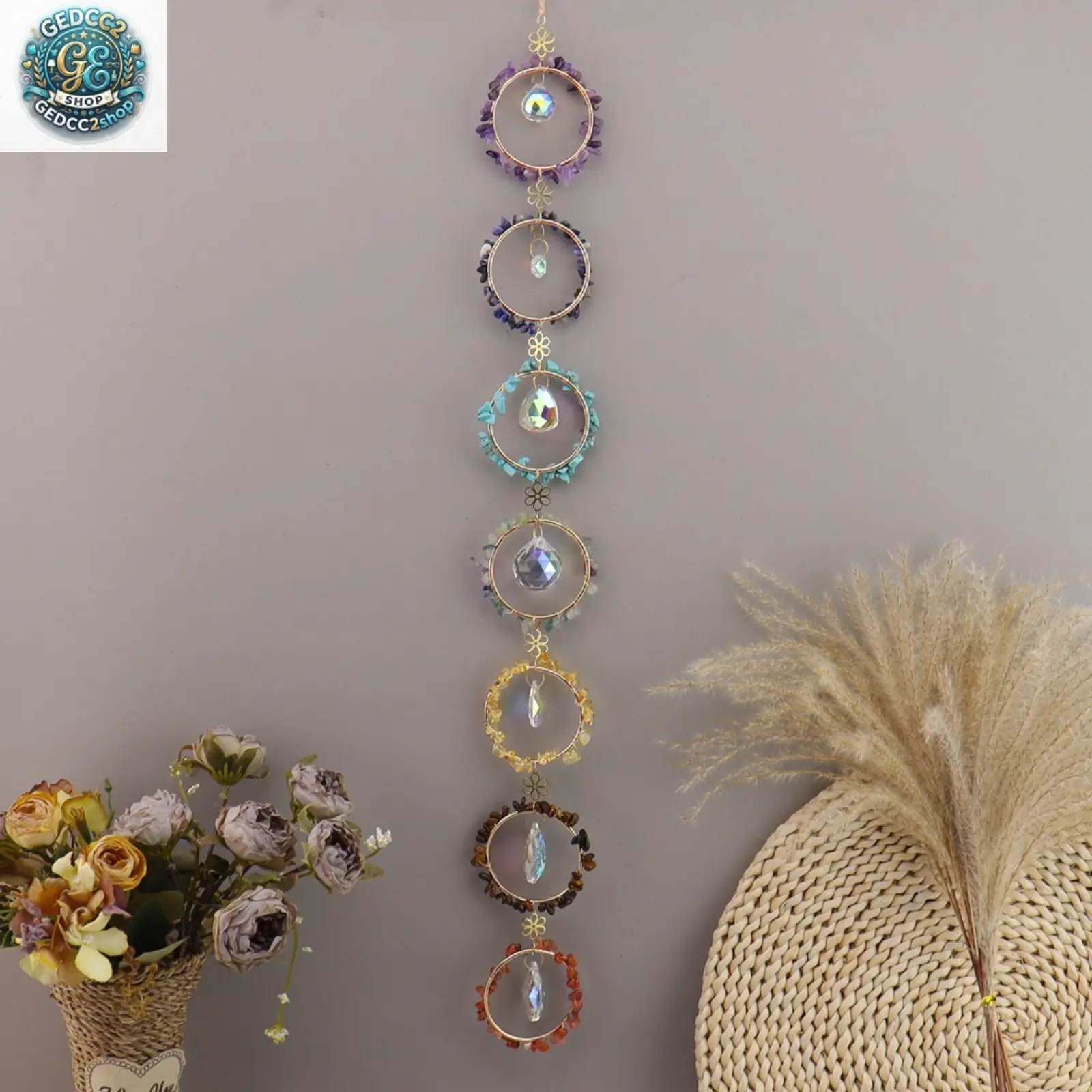 Crystal Dream Catcher Hanging Decor, Natural Stone Wind Chime Ornament with Boho Design, Aesthetic Room Decoration for Bedroom & Home