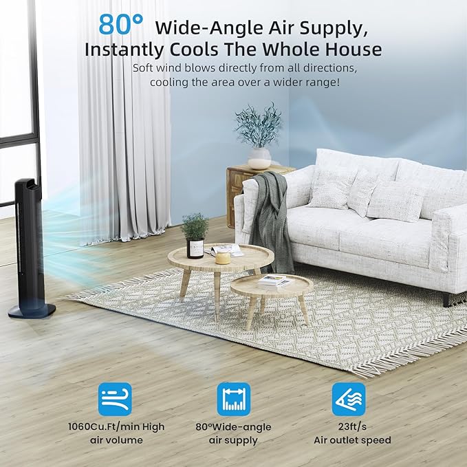 【NOT AC】Antarctic Star Tower Fan Portable Electric 85° Oscillating Fan with Remote Control, Quiet Operation, 3 Speed Settings & 12H Timer, Bladeless Standing Floor Fan for Bedroom & Office[No Cooling] [No Temperature Adjustment]