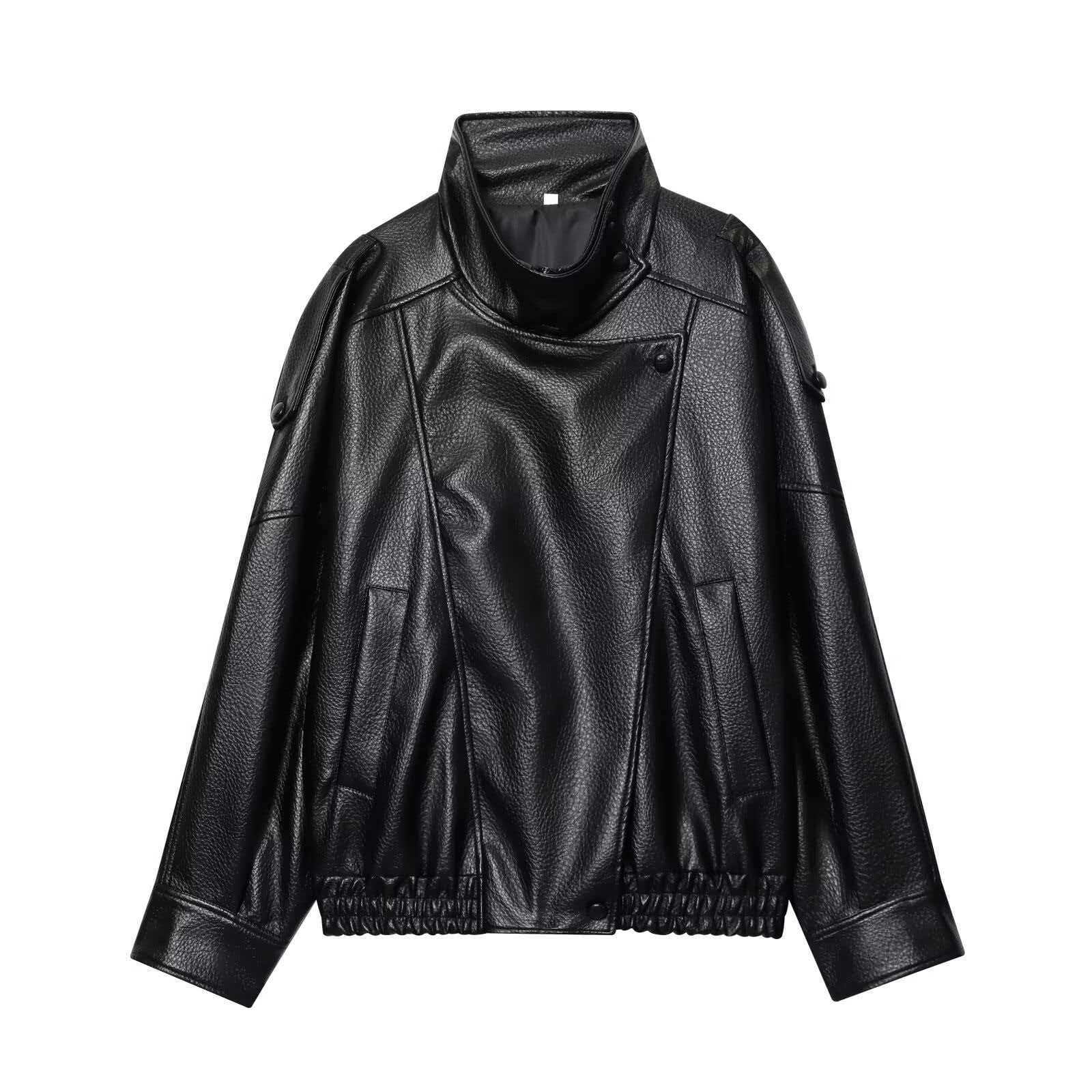 Women's Faux Leather Stand Collar Moto Jacket, Elastic Hem Casual Streetwear, Long Sleeve Water-Resistant Outerwear for Spring & Fall, Coats