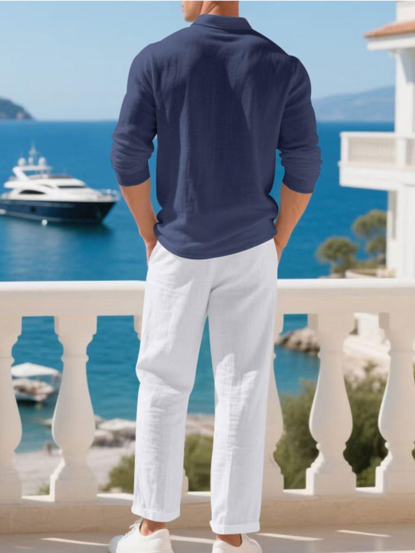 Men's Linen Shirt Set, Old Money Aesthetic Casual Elegant Comfortable Men's Clothing, Skin-Friendly Breathable Fabric for Beach Vacation Home Use