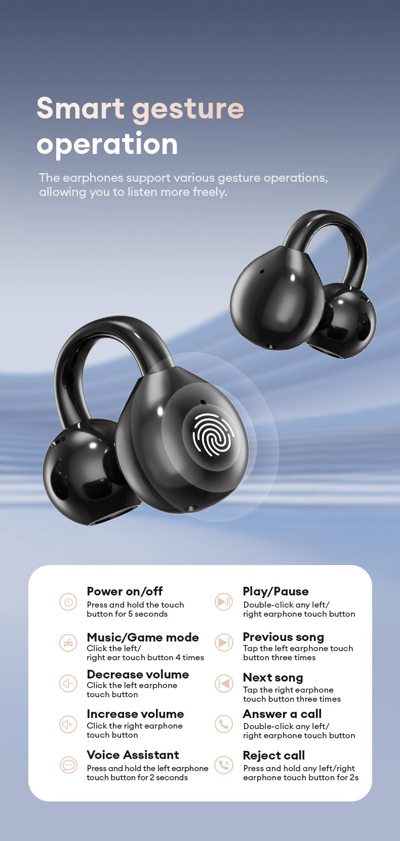 AOC ACD3521 Clip-On Smart Wireless Headset - Sport Earphones, BT6.0 Touchscreen Earbuds, Waterproof Sweatproof Wearable Tech, Adjustable Hands-Free for Music, Calls, Android & iOS Compatibility