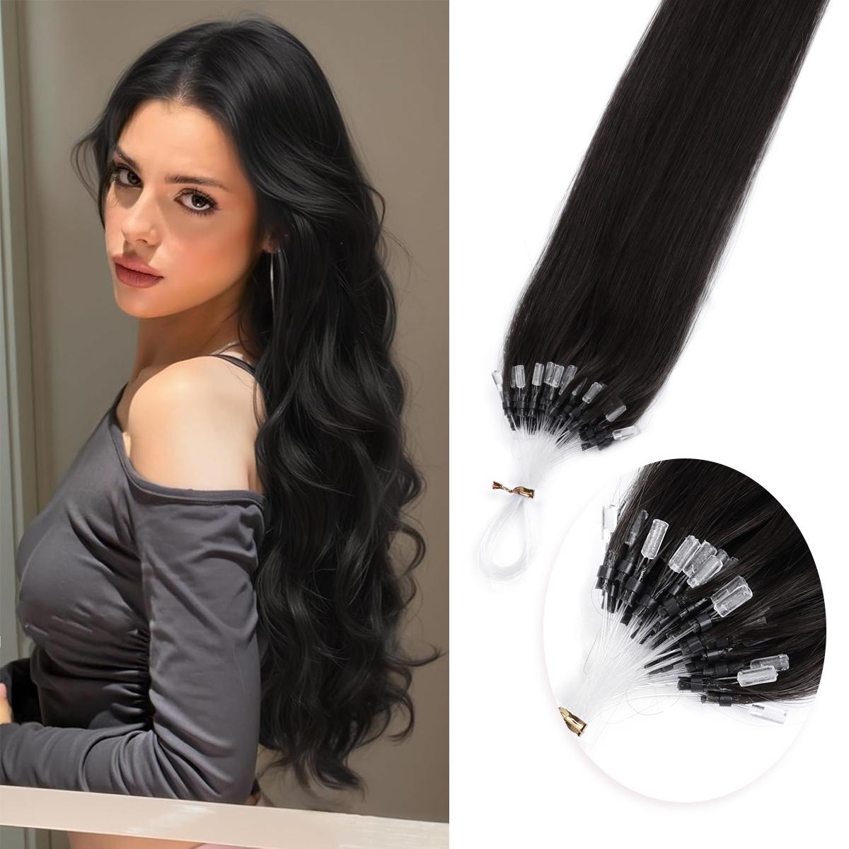 Micro Loop Hair Extensions 50 Strands Micro Beads Hair Extensions, Nano Ring Links Human Hair, 13 Colors, Natural Straight, 12-22 Inch, Adds Volume & Length  30G