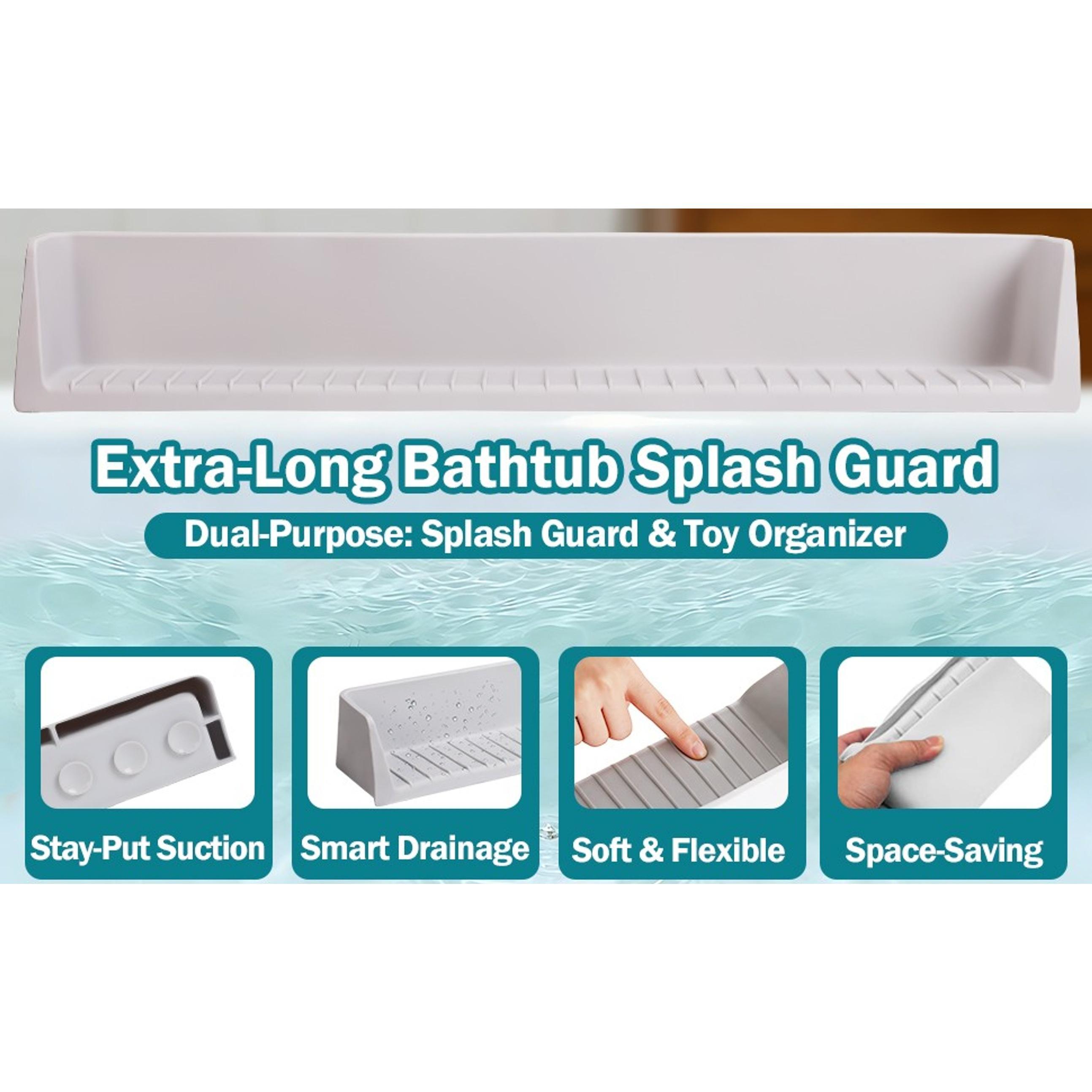 31" Extra Long Flexible Silicone Bathtub Splash Guard, Functional Bath Accessory with Organiser, Toy Tray & Caddy Holder for Kids, Prevents Water Spills & Messy Floors, Grey Tub Edge Guard, Play Shelf