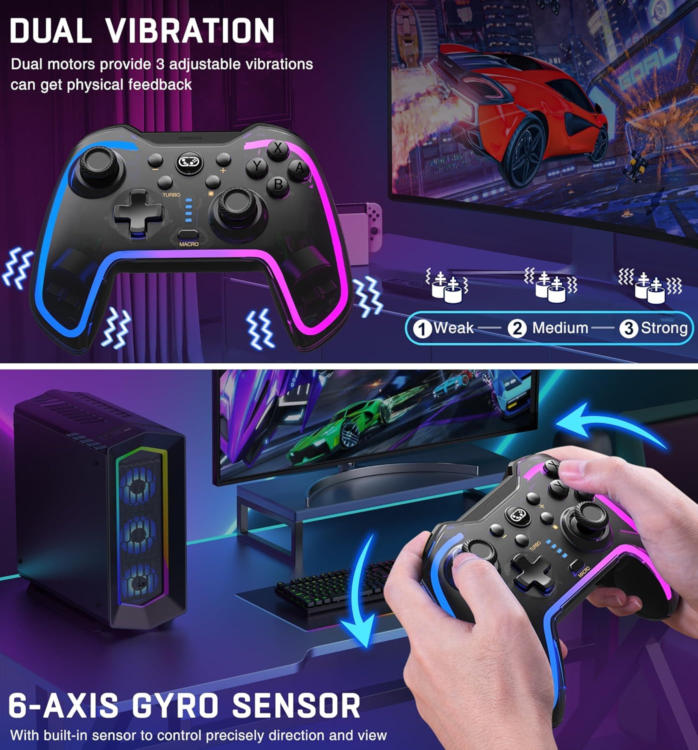 Switch Pro Wireless Game Controller with RGB Lighting, Programmable Dual Motors, Vibration, Turbo Function, Compatible with Switch 2/PC/android