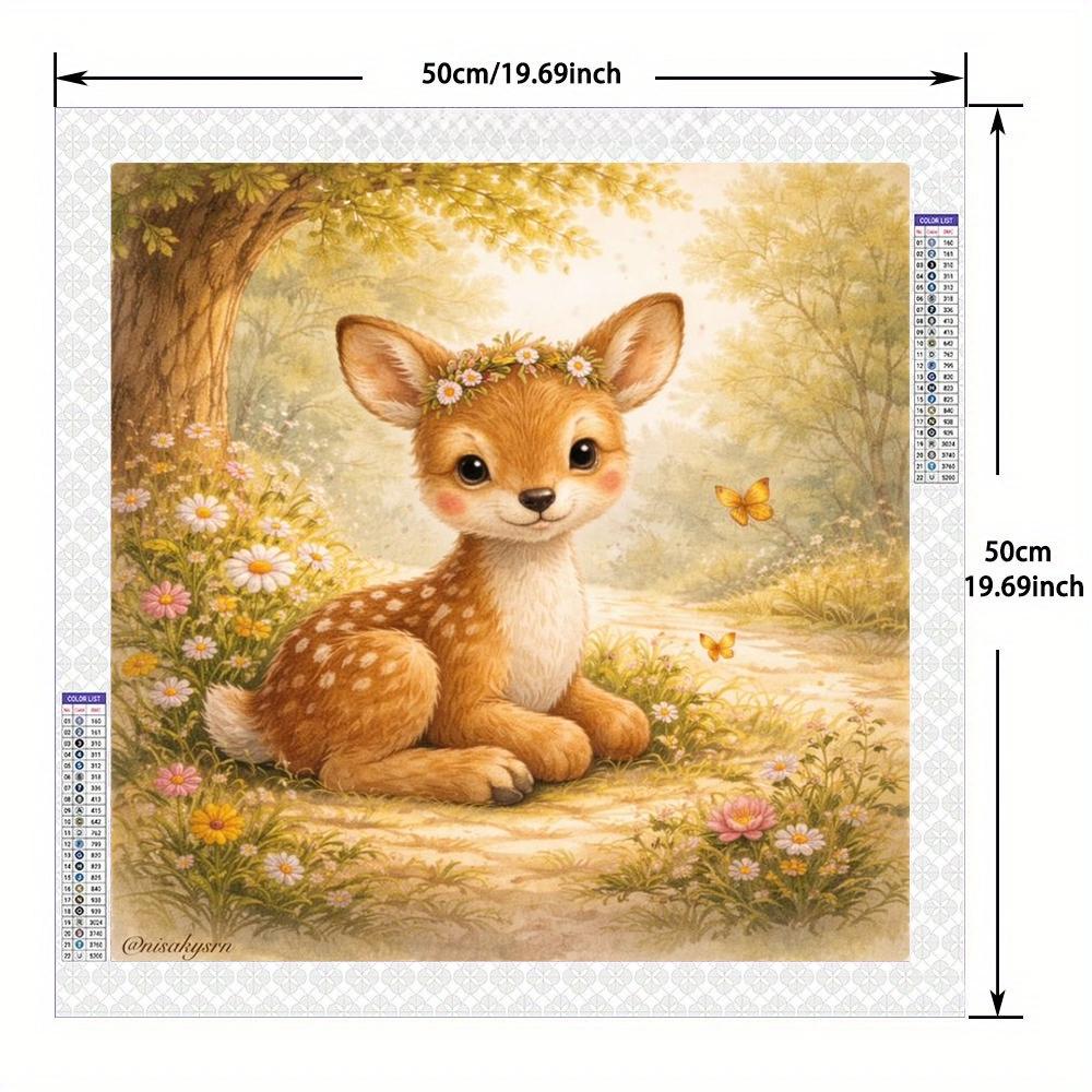A 2D flat unframed hand-made DIY diamond painting kit with cute cartoon deer, forest flowers and butterflies pattern, warm and healing, high-definition full drill, suitable for home decoration, handcraft lovers and gift-giving.