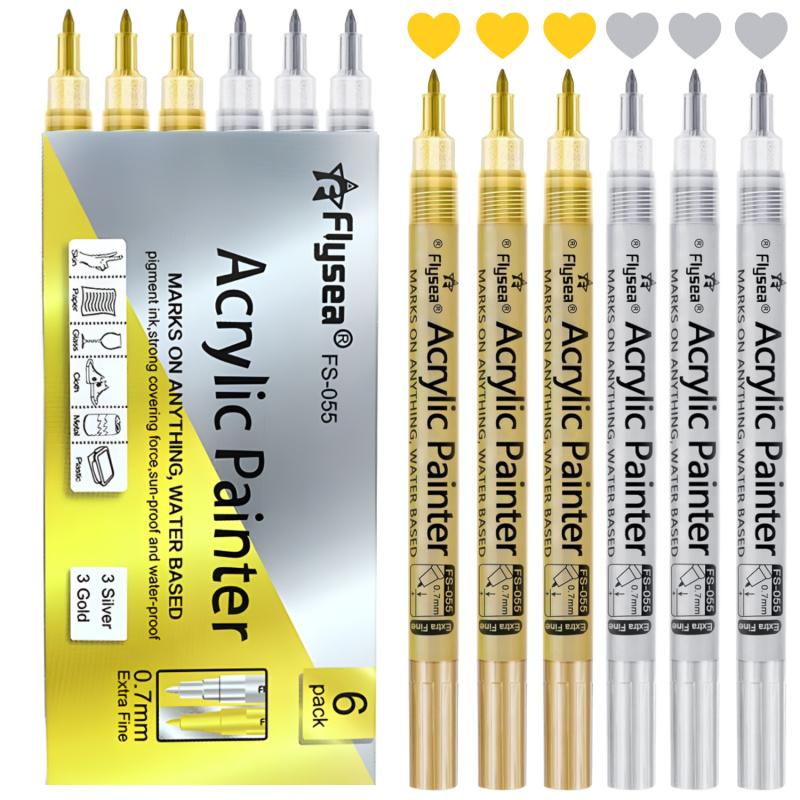 Black White Gold SilveryAcrylic Paint Pens, Acrylic Paint Markers Art Markers Pen 0.7 mm Extra Fine, 3 mm Medium Tip, Waterproof Paint Pens for Rock Painting Ceramic Glass Canvas Mug Metal Wood DIY Supplies