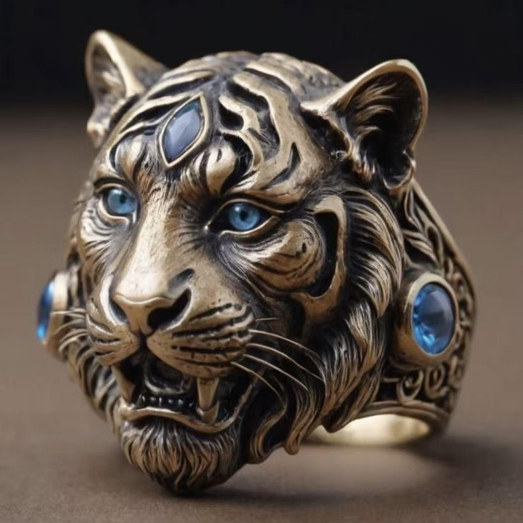 Vividly Carved Tiger Head Ring for Men, Bold Statement Animal Jewelry in Eco‑Friendly Alloy, Masculine Male Gift for Birthdays, Animal Theme Ring