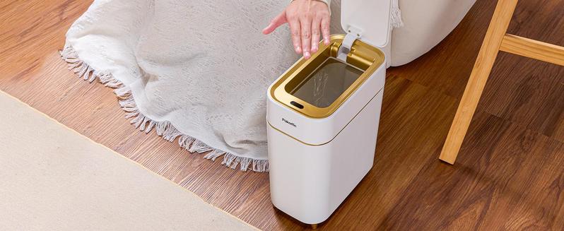PUKOMC Smart Sensor Trash  can  : Battery-powered, waterproof, and durable. Features wave/knee induction, voiceless opening, and a removable liner for multipurpose use. nordic garbage bin automatic trash bin cleaner