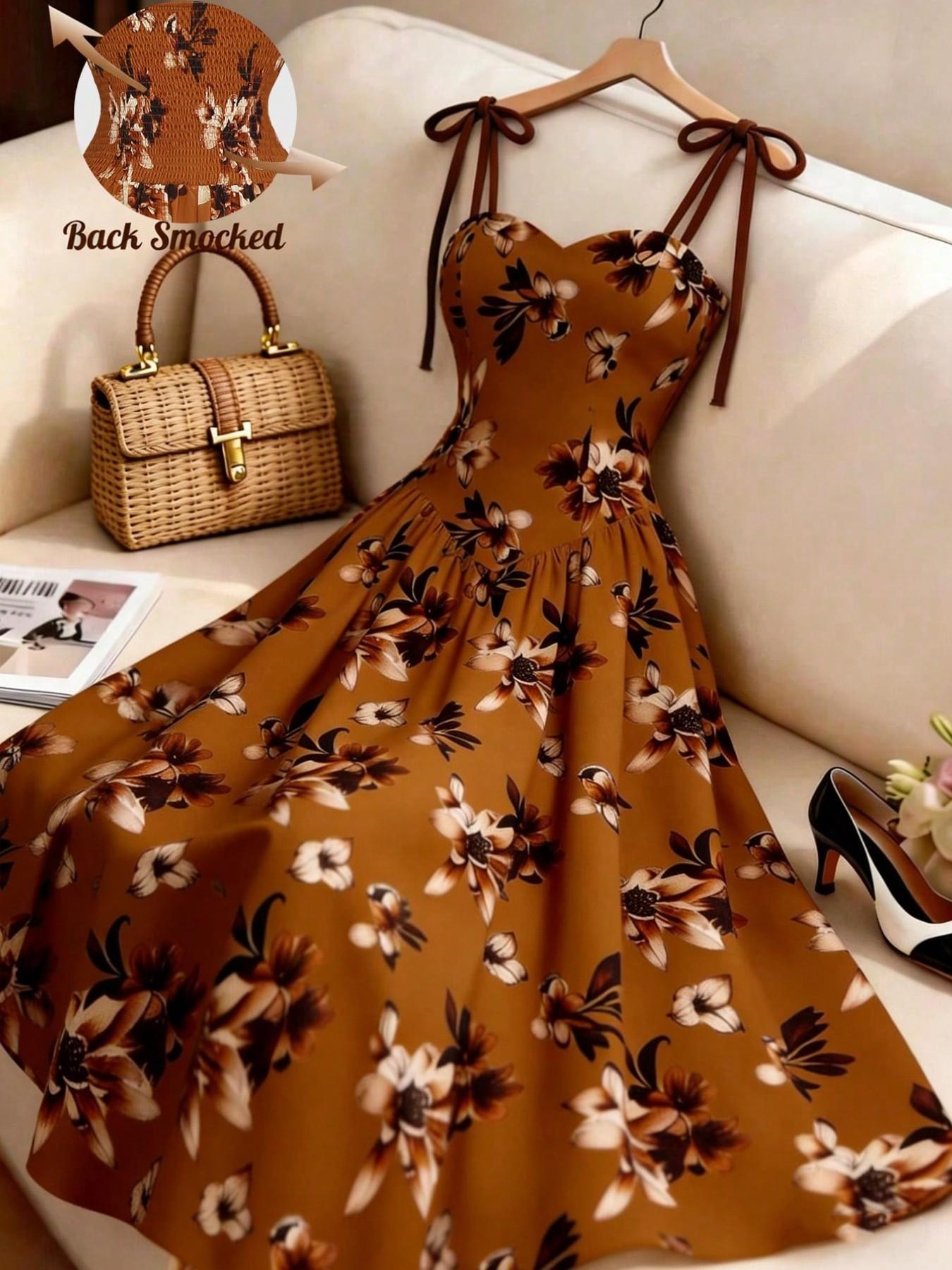 Women's Apricot Brown Floral Print Vintage Spaghetti Strap A-Line Dress, Evening Party Formal Dress, Summer Elegant Flowy French Bohemian Dress for Beach Music Festival Holiday