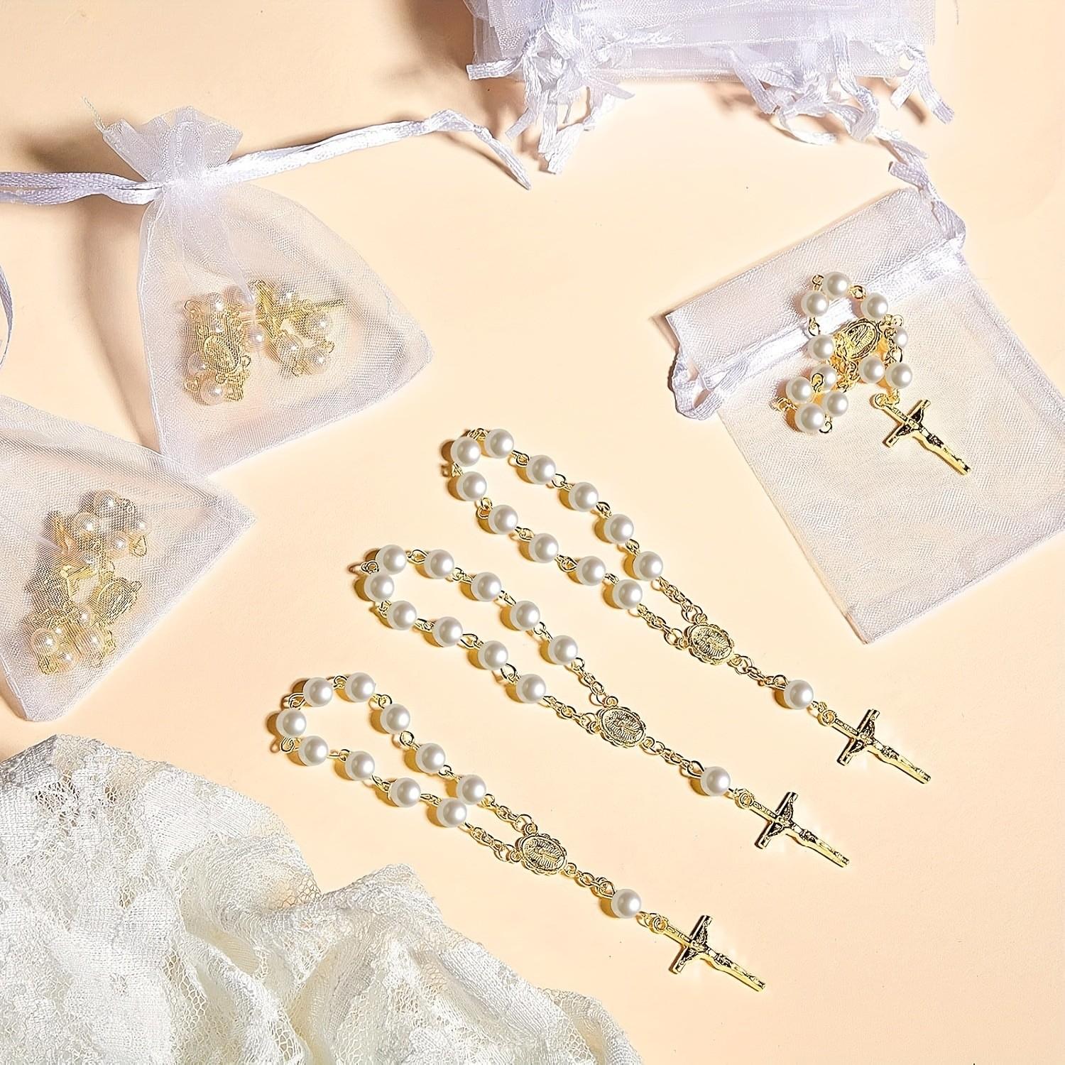 120pcs Baptism Shower Wedding First Communion Decoration Kit, Includes Mini Beads, Cross-Shaped Boxes, Gift Bags, Kraft Paper Labels