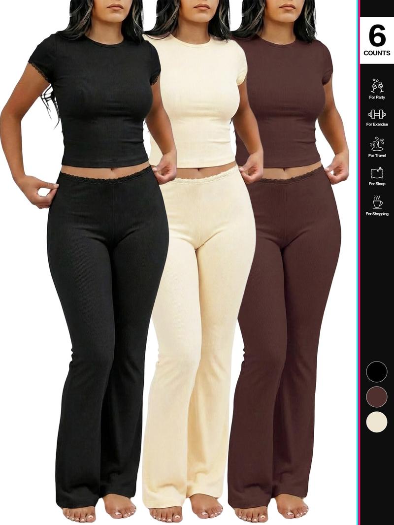 2026 Women's two-piece ribbed knit loungewear set, short-sleeved crop top, high-waisted flared pants, casual matching set, with lace trim on the cuffs