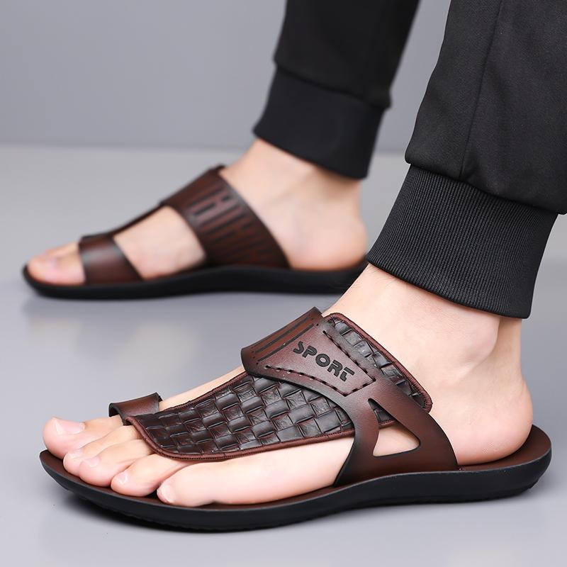 Men's Summer New Sandals, Letter Print Straw Texture, Trendy Anti-Slip Thin Sole, Casual Beach Shoes, Fashionable and Comfortable