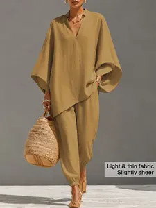 Women 2 Piece Set, Oversized Stand Collar Half Zip Tunic Top, Batwing Sleeve Jogger Pants, Lightweight Breathable Fabric, Side Pockets