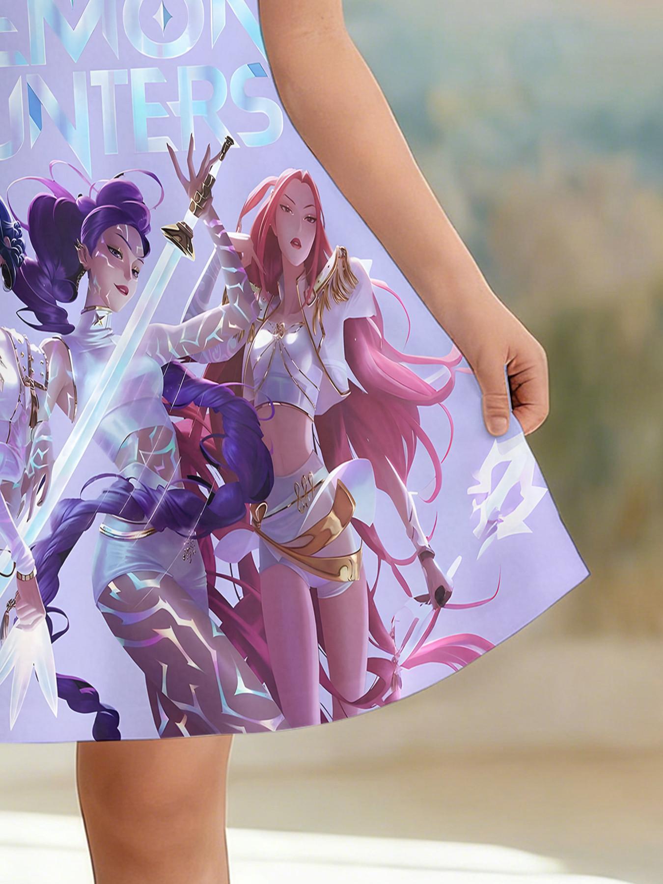 Girls' 3D Short Sleeve Dress, Light K-Pop Demon Hunters Full Print, Perfect for Parties, Festive Gifts, Birthday Presents
