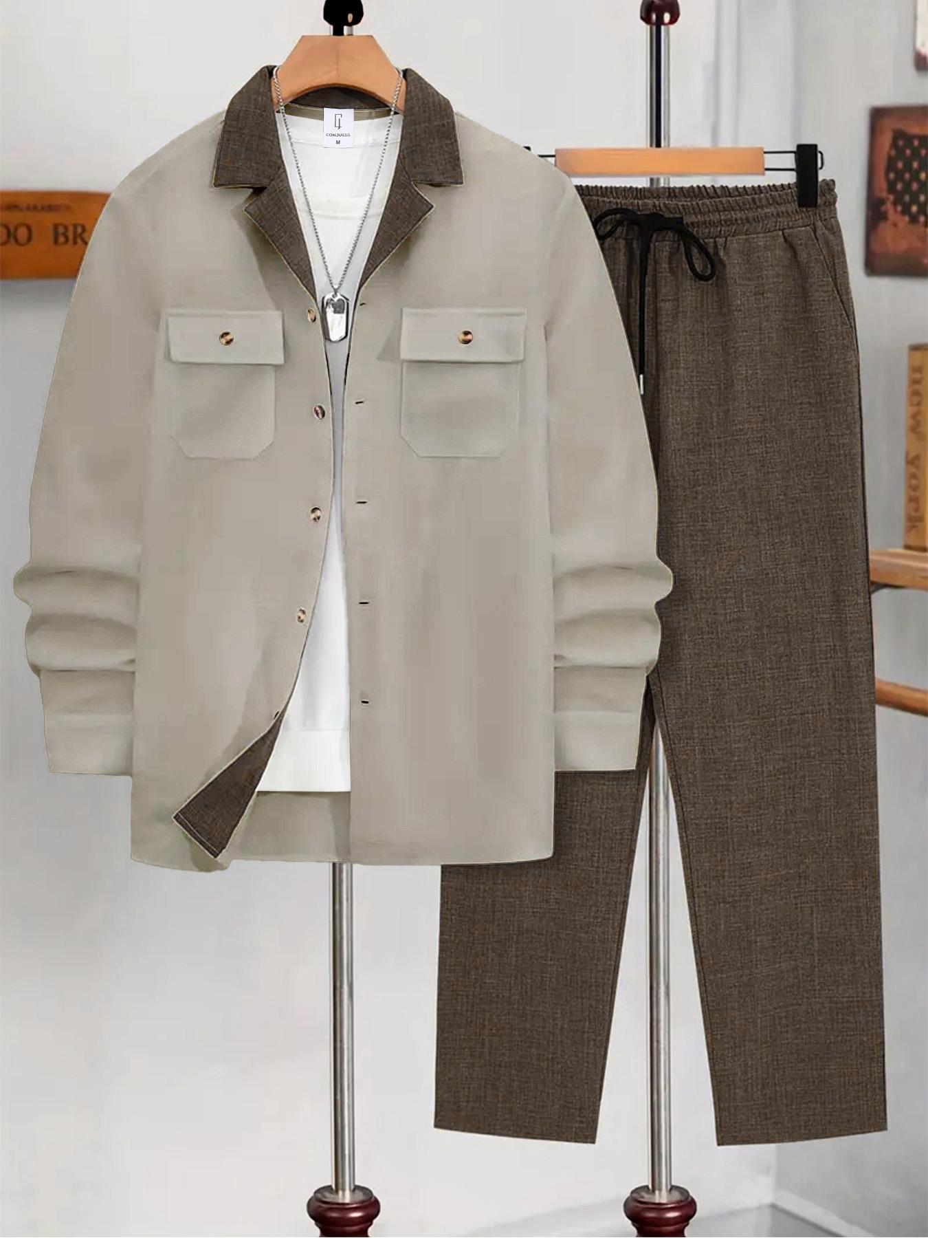 Men's 2 Piece Lounger Button Up Long Sleeve Shirt Matching Pants Loungewear Casual Fashion Style Suitable for Outdoor Wear, Beach Vacation, Travel and Other Outdoor Activities