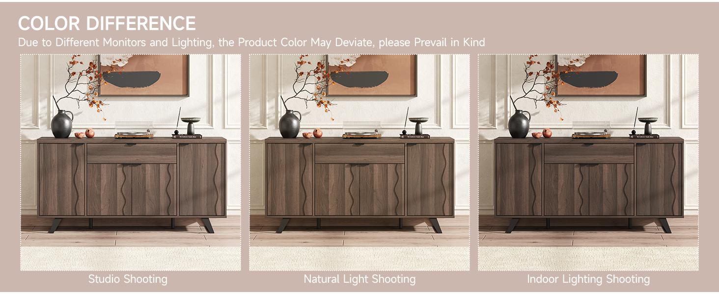 【SPOTLIGHT DAY】ONBRILL 63" Sideboard Buffet Cabinet, Kitchen Buffet Storage Cabinet, Mid Century Modern Storage Cabinet with 4 Doors & Shelves, Wood Coffee Bar Console Wine Bar for Living Room, Kitchen,Hallway