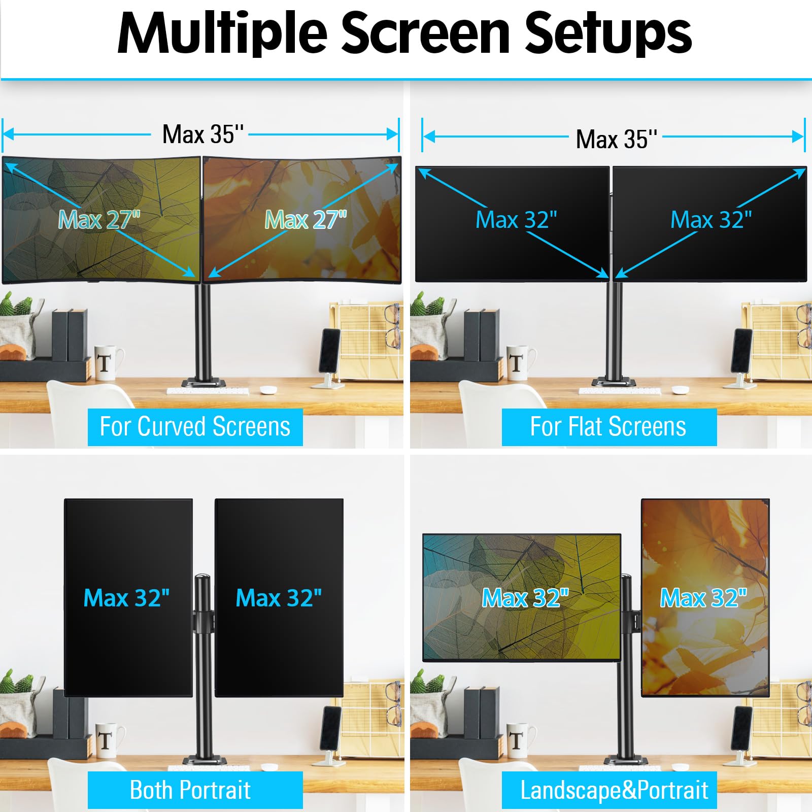 MOUNTUP 17"-32" Dual Monitor Desk Mount, Max 27" for Curved Screens, Each Hold Up to 19.8lb, VESA 75x75mm or 100x100mm, Fully Adjustable Dual Monitor Arm for 2 LCD Screens, Dual Monitor Stand with C-Clamp and Grommet Base MU0002