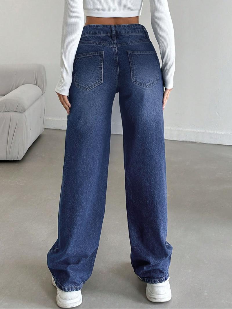 Women's Low Rise Nondistressed Jeans, Street Style Retro Loose Fit Straight Jeans, Fashion Washed Jeans for Daily Wear