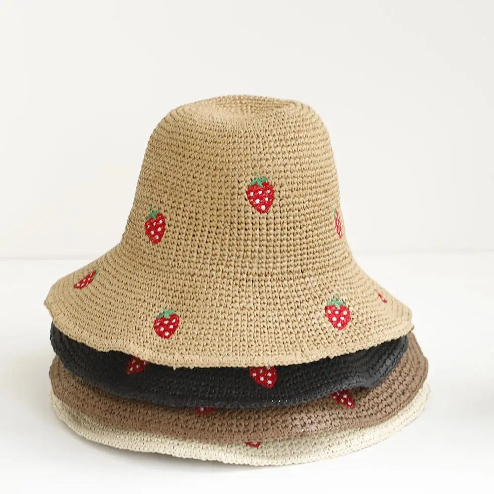 2026 NEW Handmade High quality Simple strawberry Sun Hat Floppy Summer Hats For Women Beach Panama Straw Dome Bucket Hat