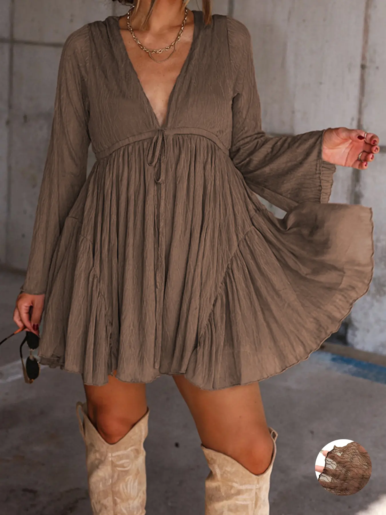 Women's V-Neck Long Sleeve Dress with Pants Liner, Vintage Elegant Chic Casual Spring Summer Vacation Loose Mini Dress, Casual Fit Dress, Casual Dresses, Womenswear