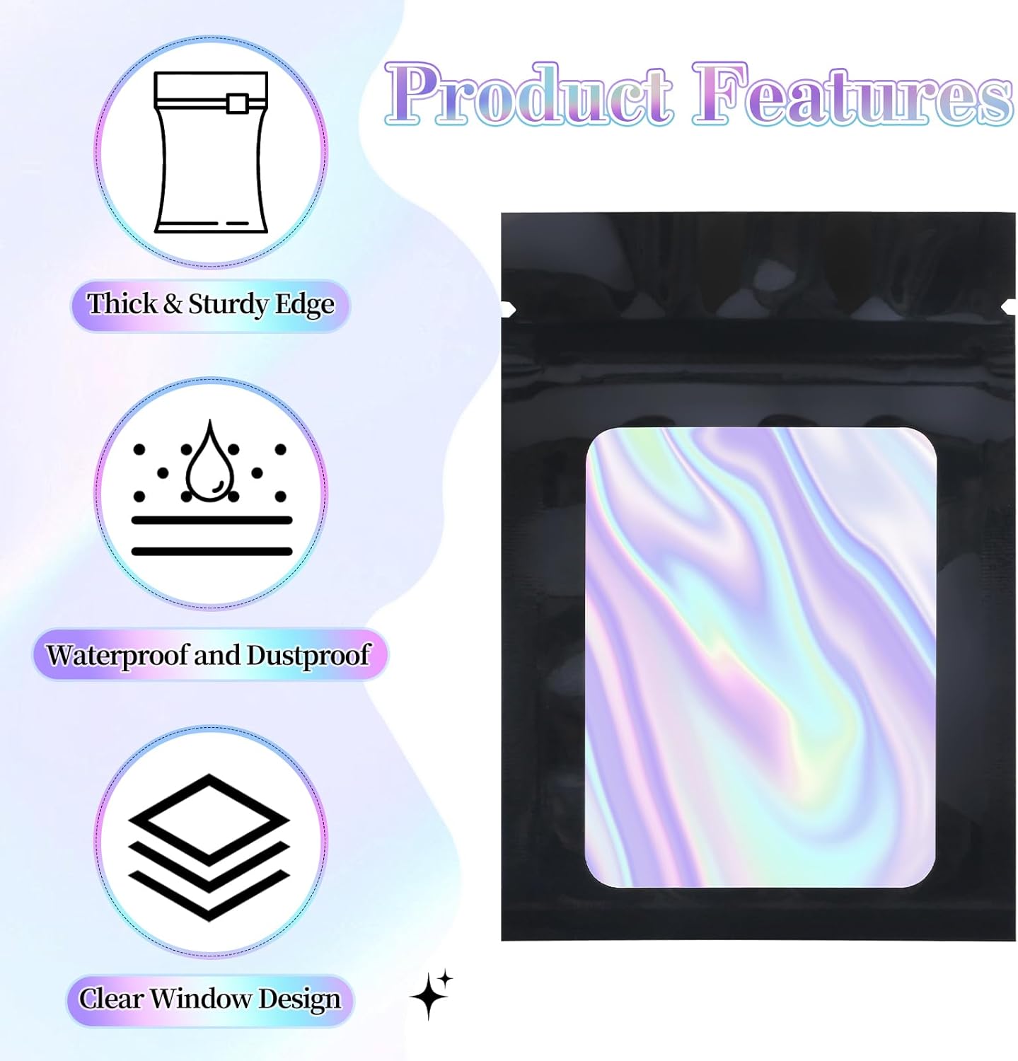 Pack of 300 Holographic Bags Mylar Ziplock Bags Mylar Edibles Pouch with Window Reusable Mylar Bag for Sample Packaging (Black, 3x4.7 Inch / 4x6 Inch / 4.7x7.8 Inch) Pack of 300 Holographic Bags Mylar Ziplock Bags Mylar Edibles Pouch with Window Reusable Mylar Bag for Sample Packaging (Black, 3x4.7 Inch / 4x6 Inch / 4.7x7.8 Inch)