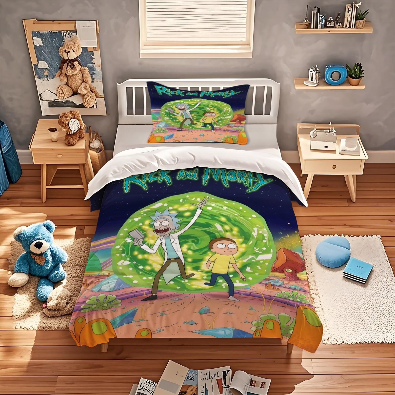 Rick and Morty Pattern Printed Soft Durable Bedding Set, Bed Sheets Set, Includes 1 Fitted Sheet and 1 or 2 Pillowcases, Excluding The Core And Pillow Core, Modern Style Bedroom Decor, Bed Sheet Sets