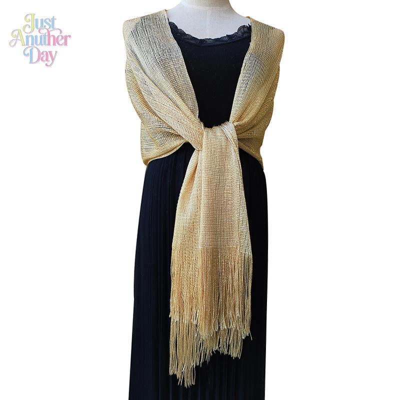 Shimmering Metallic Lurex Evening Shawl with Fringe, Elegant Gold/Silver Sparkly Wrap Stole for Brides, Wedding Guests, Prom & Formal Parties