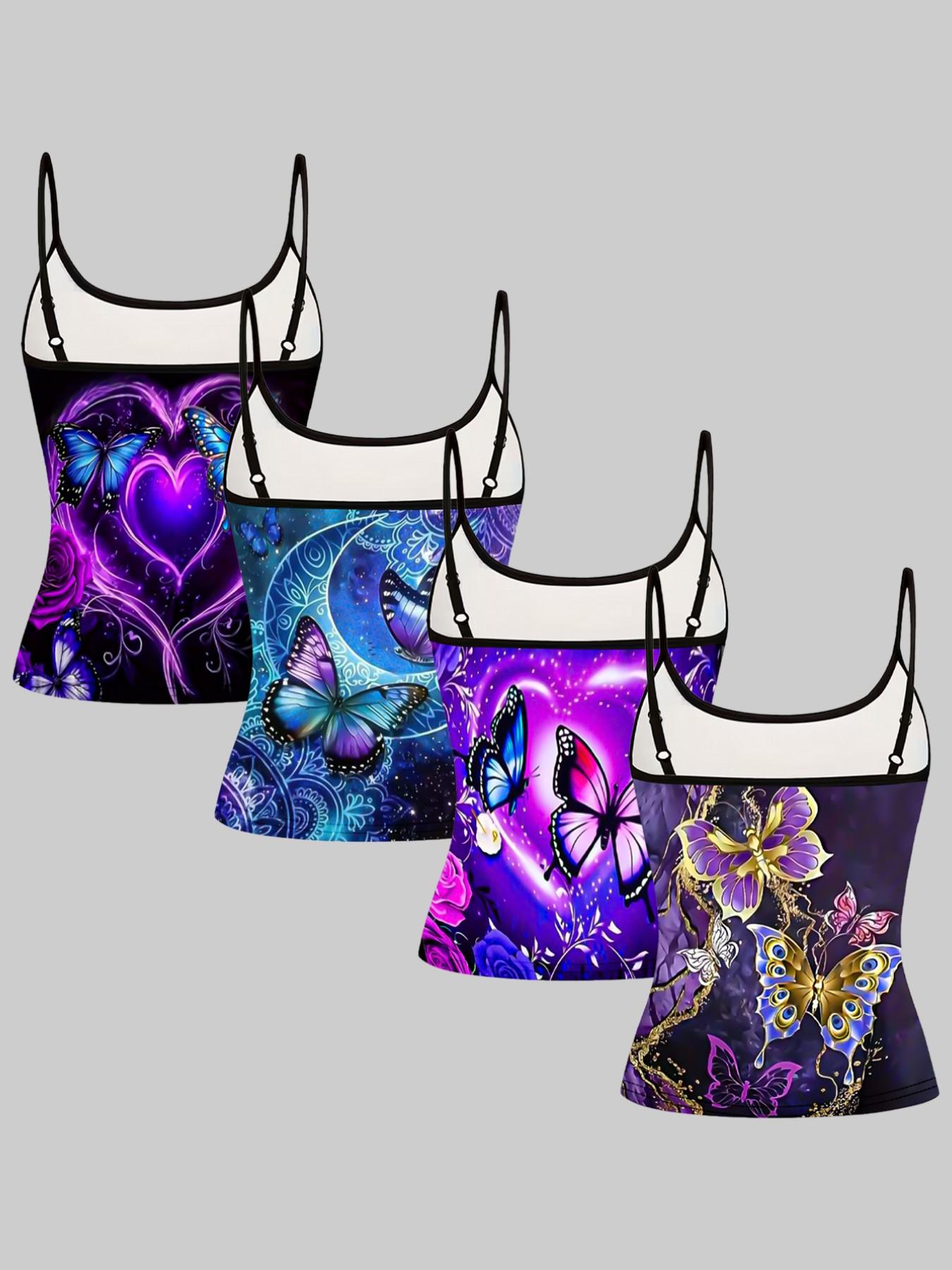 Butterfly Heart Print Adjustable Straps, Casual Sleeveless Slim-Fit Top, Home Wear & Outerwear, 4-Piece Set