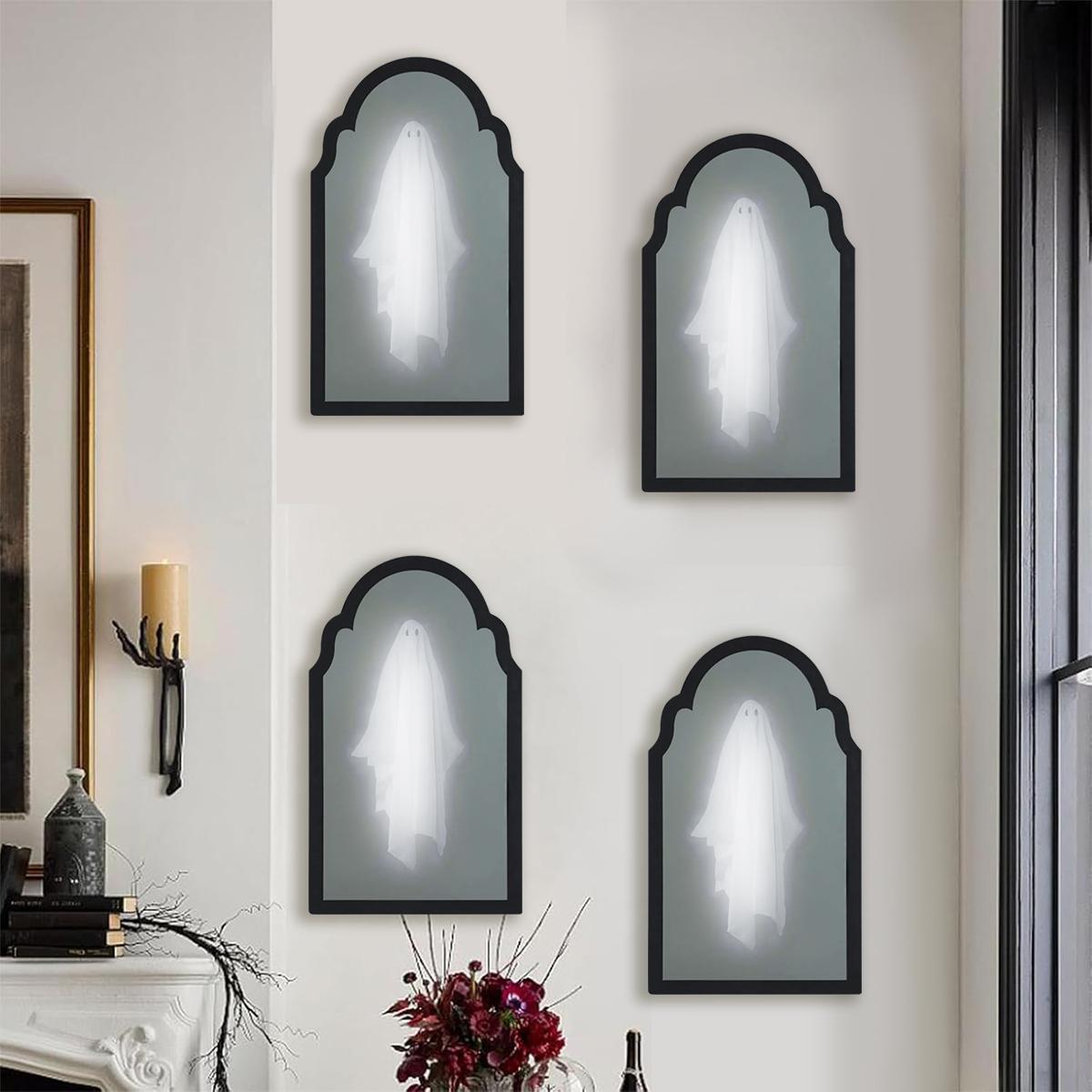 Ghost Mirror Halloween Decor – LED Holographic Ghost Illusion Mirror, 2-in-1 Daytime Mirror Nighttime Ghost, Spooky Tabletop Decoration for Mantel Shelf Party, Creepy Cute Gift for Kids Adults