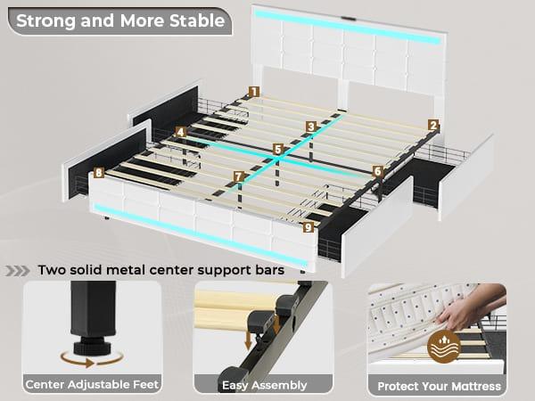 Sikaic PU Leather Platform Bed Frame With 4 Storage Drawers LED Lights Adjustable Headboard White angersbed Furniture Modern Grey Design