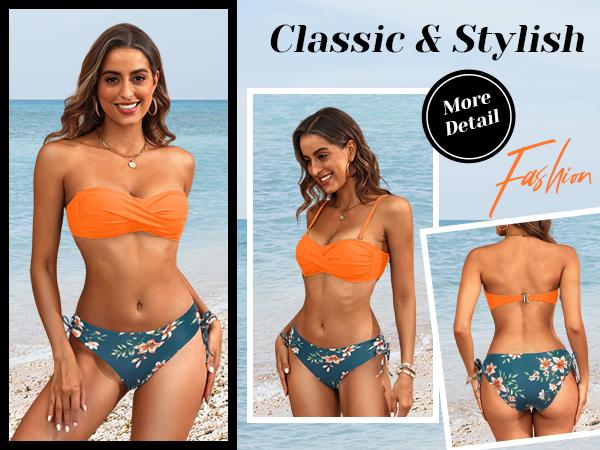 Tempt Me Women's Strapless Bandeau Bikini Set - Twist Front Two Piece Swimsuit Top with Side Tie Bathing Suit Bottom