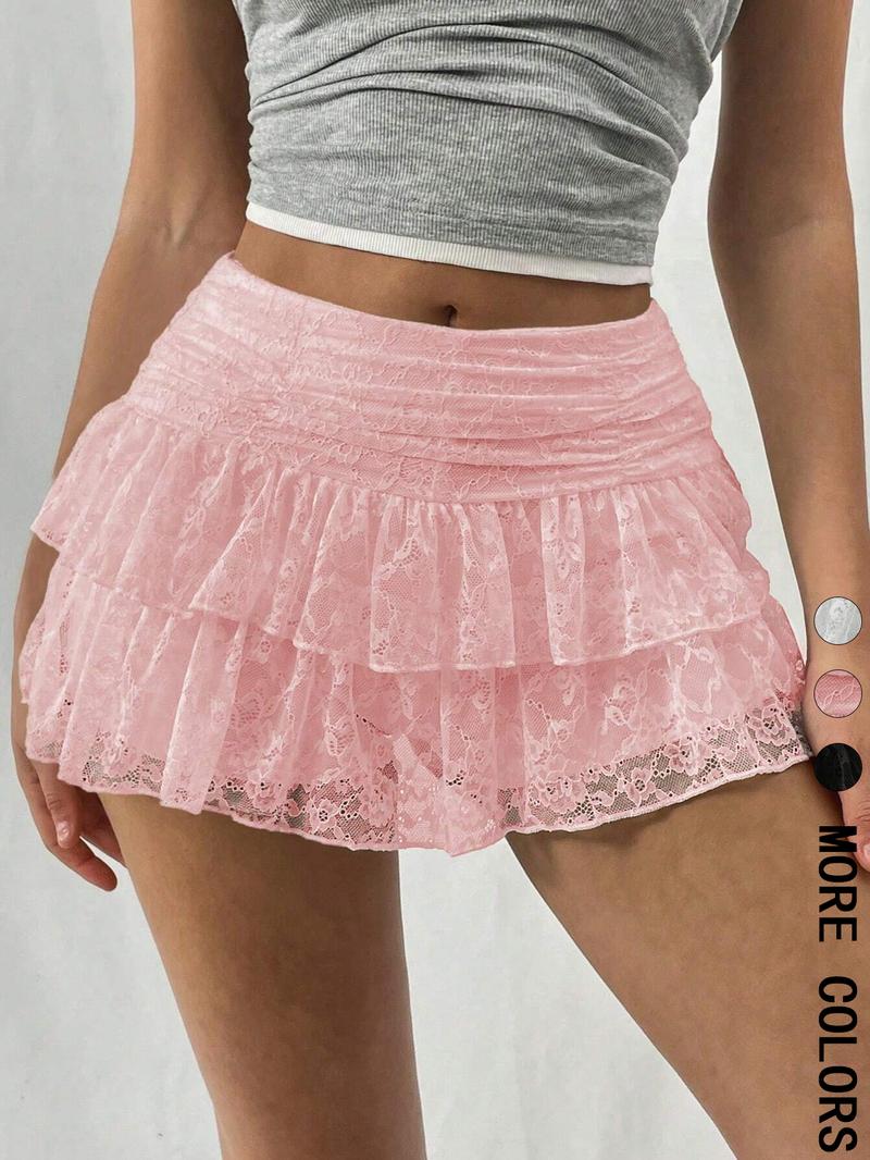 Women's Solid Lace Tiered Layer Skorts, Casual Sexy 2 in 1 Skirt for Summer, Women's Bottoms for Daily Wear, Skirtswomen, Tennis Ruffle Trim Casual Sporty Athletic White Skort, Lightweight Athletic Skirts, Casual Comfy Skorts, Breathable Skorts