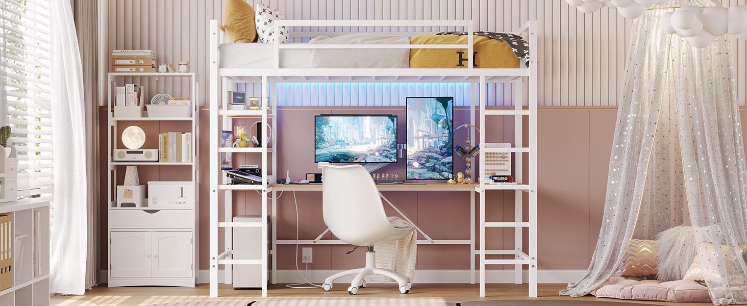 Sikaic Twin Size Loft Bed with U shaped Desk and LED Lights, Metal Bed Frame with Charging Station and Ladder, No Box Spring Needed, White Unique Bedroom Furniture