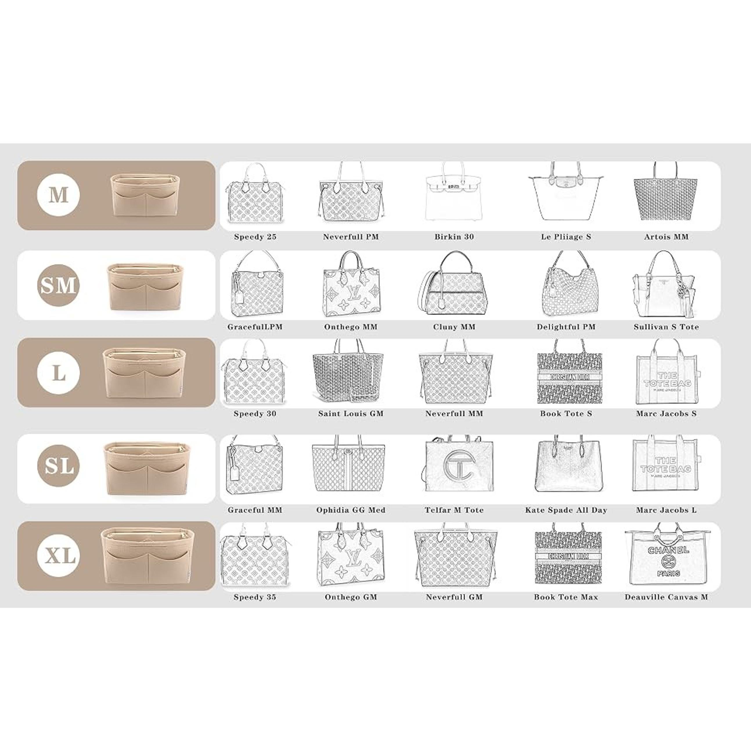 Felt Purse Organizer Insert with Zipper Pocket, Tote Shaper and Dividers, 5 Sizes for Speedy Neverfull PM MM and Similar Totes
