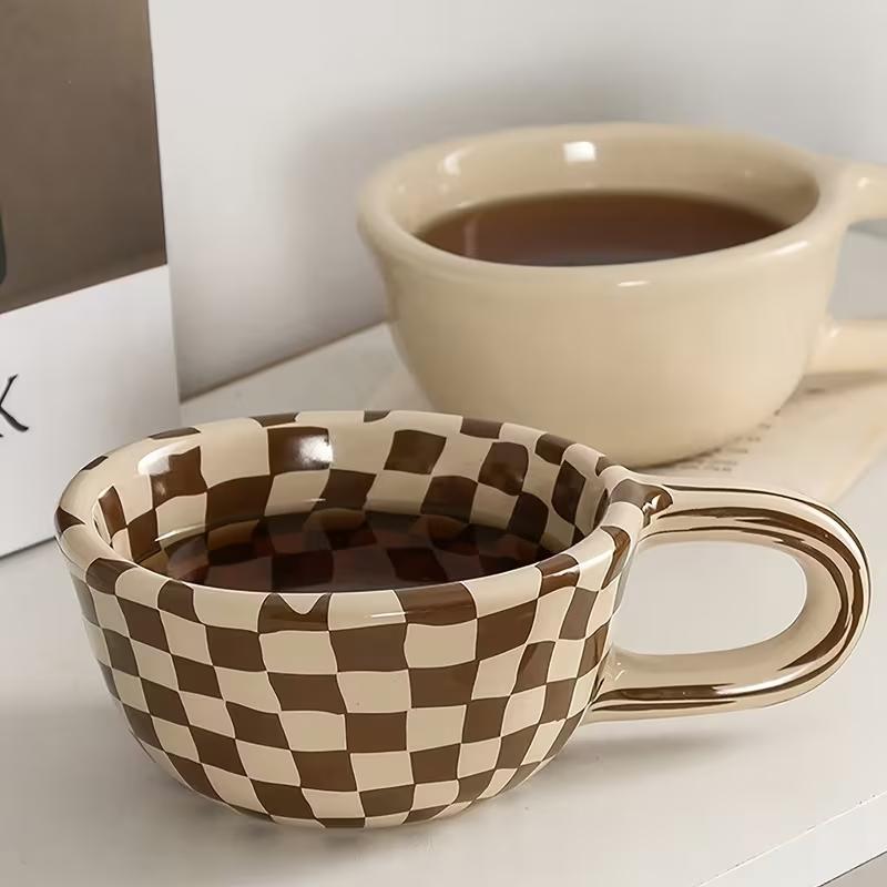 Elegant Ceramic Coffee Cup with Chessboard Pattern, Breakfast Latte Mug, Summer Milk Glass, Home Kitchen Essentials, Birthday Gift