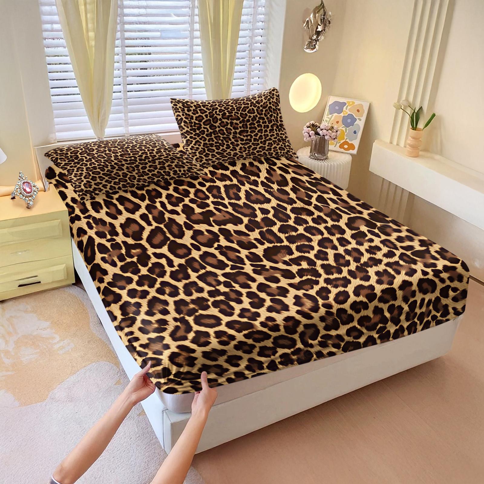 3Pcs Classic Leopard Print Luxury Vintage Boho Fitted Sheet Set, Elastic Edge Wrap Around Mattress, Wrinkle Resistant Non-Slip Easy Care, Ideal Housewarming Birthday Christmas Gift