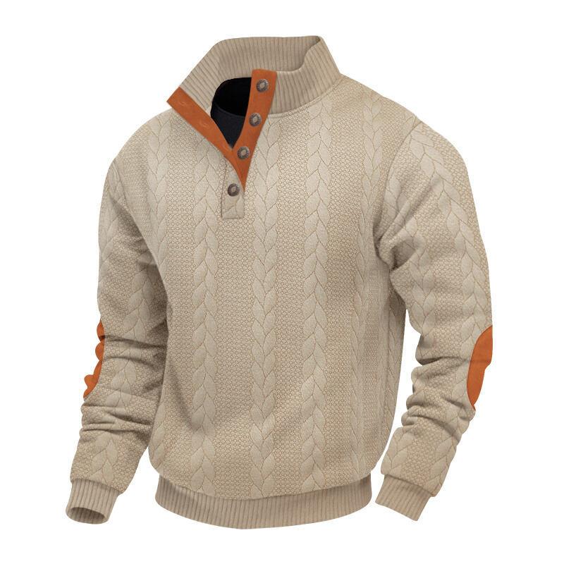 Men's Casual Long Sleeve Knit Pullover Sweater - Mock Neck, Button Collar, Elbow Patches Sports & Outdoor Top (Menswear Knitwear, longsleeves) White, Collared Neck sohochic