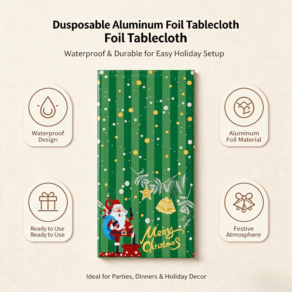 1/3 Pcs Disposable Waterproof Aluminum Foil Christmas Rectangle Tablecloth, 54×72/54×108 Inch Green Stripe Santa Bell Merry Christmas Print Decorative Table Cover for Holiday Dinner, Family Gathering and Christmas Party Decorations