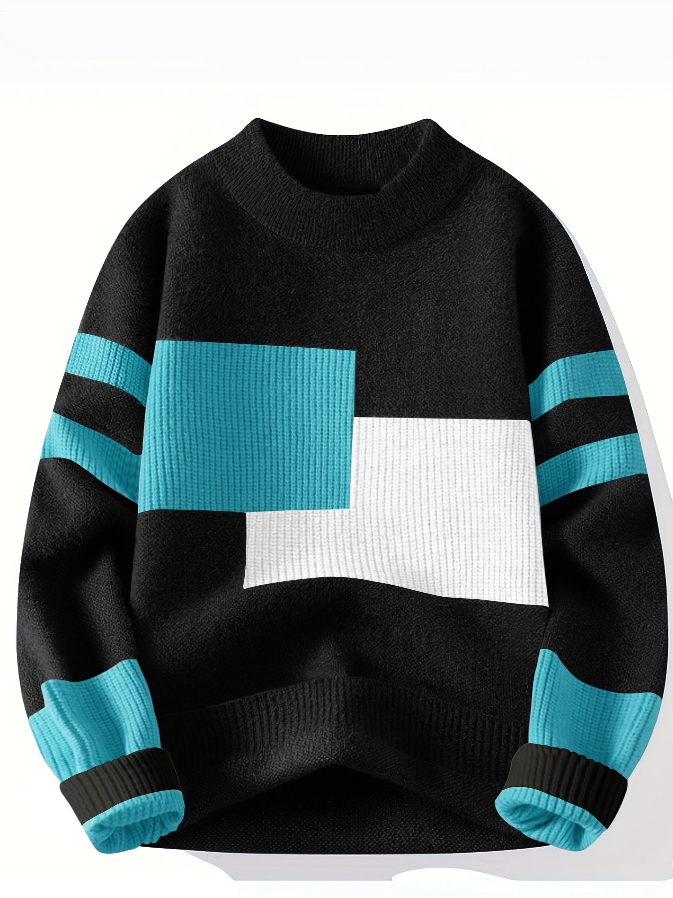 Men's Geometric Pattern Pullover Sweater, Stylish Casual Crew neck Drop Shoulder Long Sleeve Knitted Top, Color Block Striped Sleeve Design Fashion Fall Winter Inside Top Soft Warm Daily Life, Trendy Men's Outdoor Going Out Fashion Knitwear