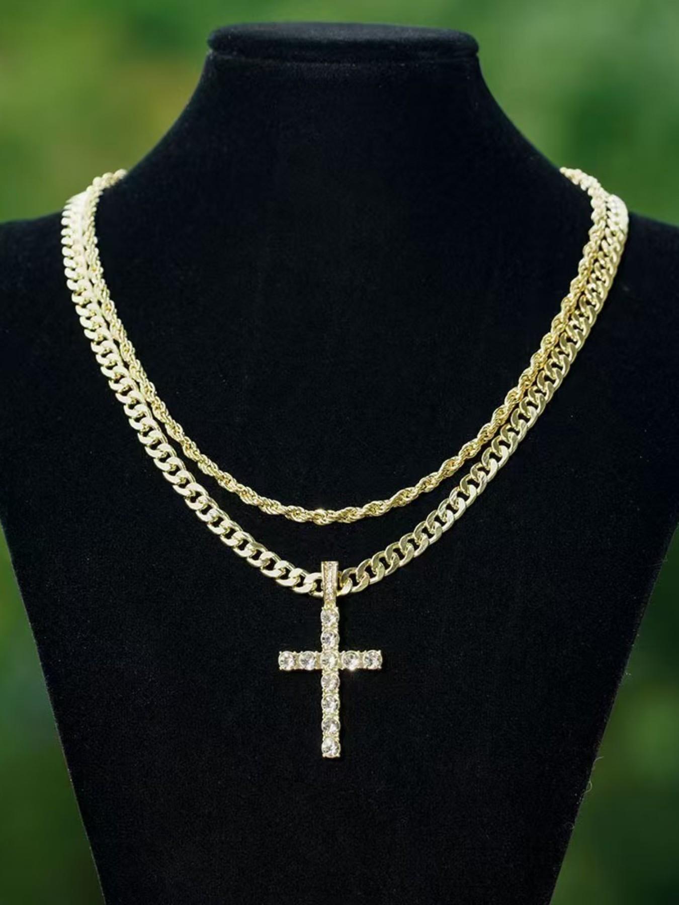 3pc Luxury Ice Zircon Cross Pendant Set, Faith Pendant Necklace, Cuban Link Design Chain & Braided Rope Necklace, Religious Jewelry Accessories