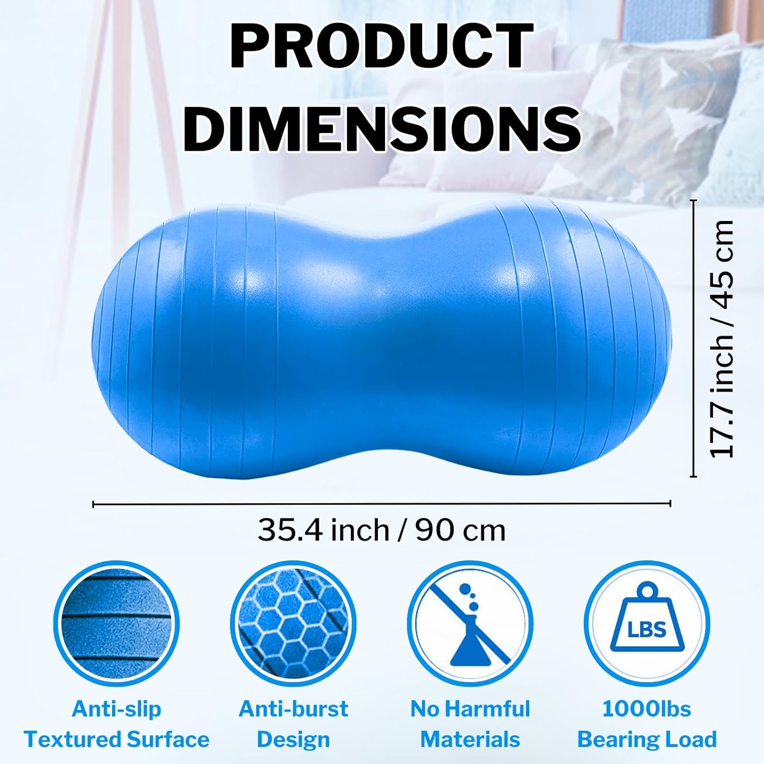 90×45cm Peanut Ball, Anti-Burst Exercise Ball, Yoga Ball, Gym Quality Fitness Ball with Pump, Ideal for Core Strength Training and Flexible Seating.