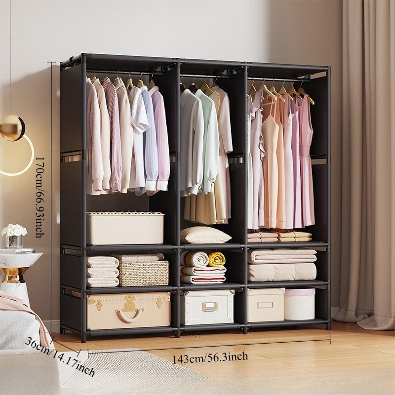 Wardrobe with clothes rod and storage shelves, standalone portable storage cabinet, easy-to-assemble fabric clothing organizer storage cabinet, sturdy metal frame, suitable for bedrooms, walk-in closets, apartments, dormitories, and small spaces