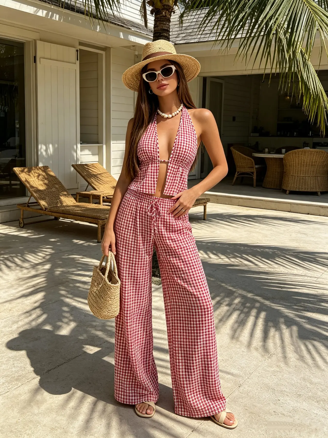 2026 Spring Summer European Style Aesthetic Striped Plaid Set, New Checkered Vest Top, Sexy Tie Back Reveal Back Long Pants, Casual for Women Strap
