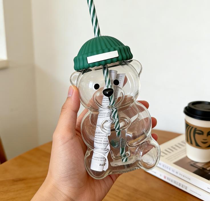 Holiday Collection Viral Bearista Cold Cup, Cute Teddy Bear Glass CUp With Green Beanie-Style Lid & Stripped Straw, Nostalgia Coffee Mugs, Beer Wine Cocktail Drinks Glassware, New Model Bear Glass Cups