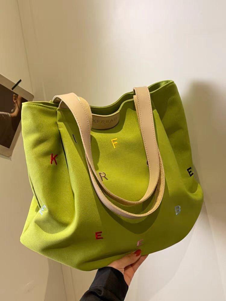 Women's Large Capacity Canvas Tote Bag, Trendy Embroidered Letter Shoulder Bag, Fresh Style Handbag for Students