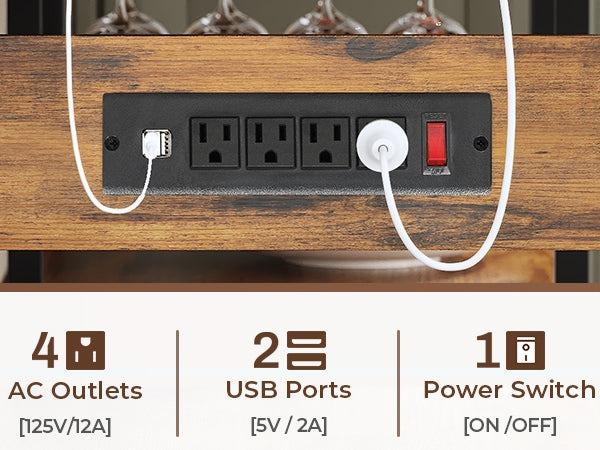 Sikaic 45.3 Inches Farmhouse Coffee Bar Bakers Rack with Power Outlet and LED Light Cabinet Kitchen with Storage Bookshelf