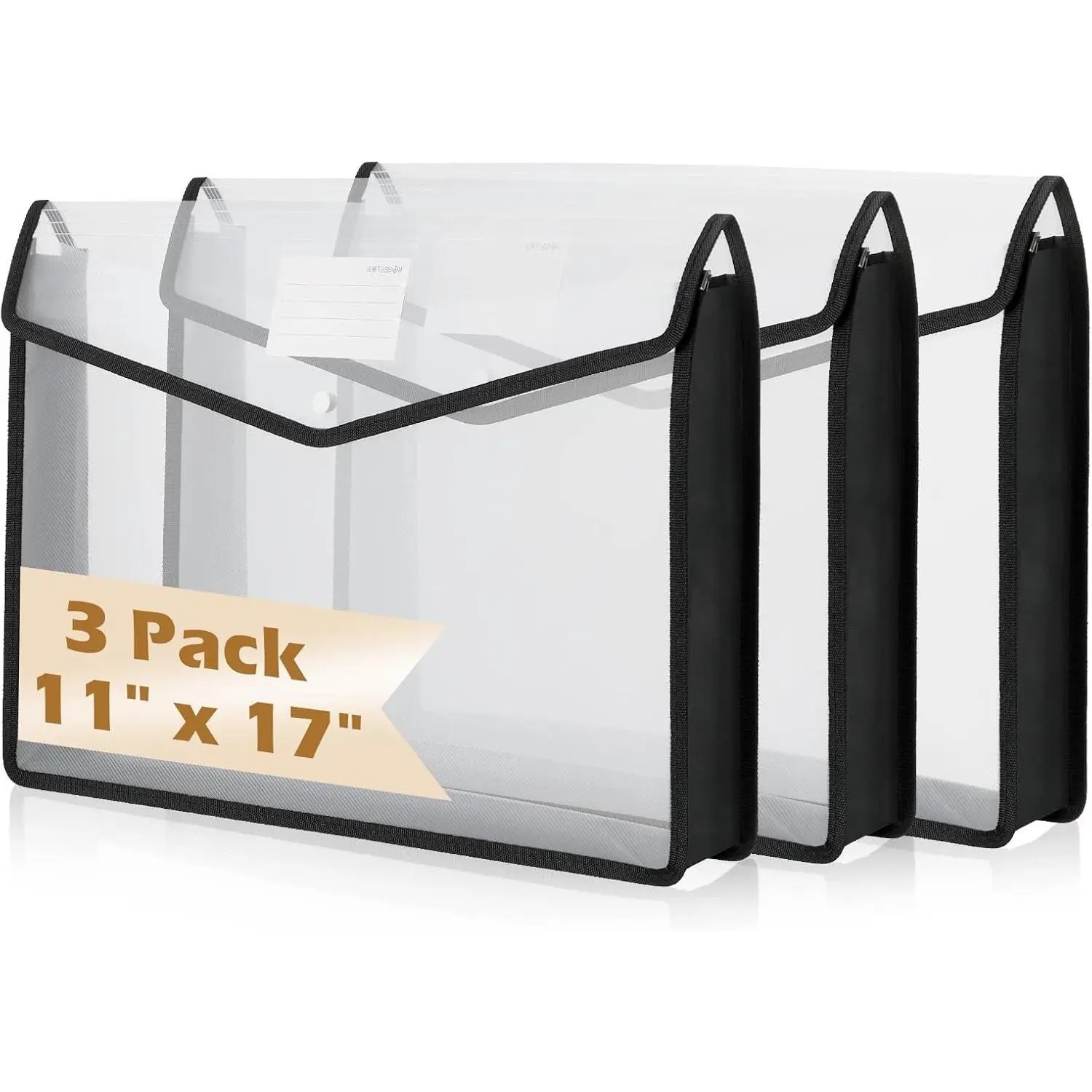 3 Pcs 11 x 17 Inch Expandable Tabloid Size Document Folder with Label A3 Plastic Folders for Documents Expanding File Wallet Envelope Size (3, Black)