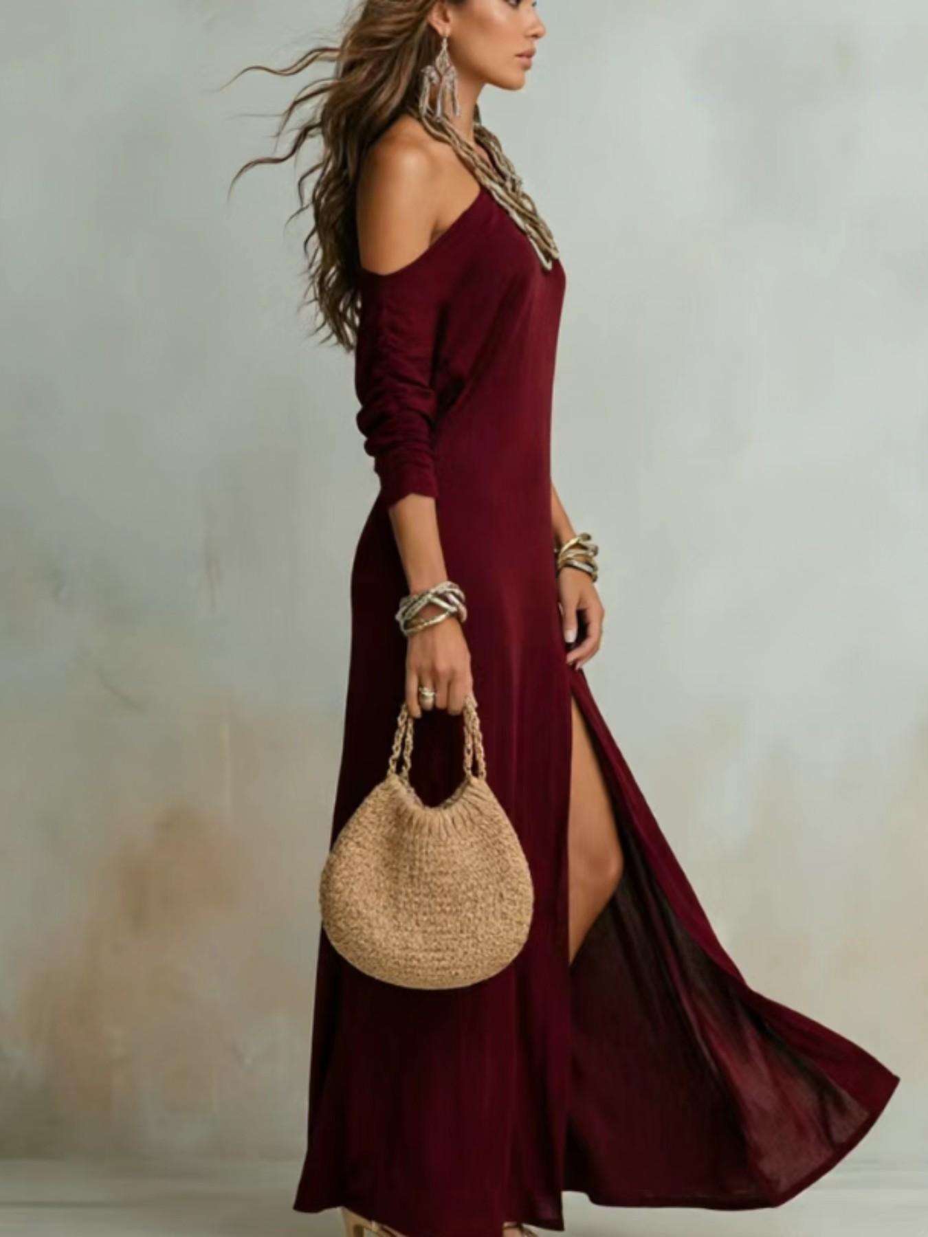 Elegant Chic Asymmetrical One-Shoulder Long Dress for Women, Summer Beach Vacation Style, Split Design, European and American Fashion, Elegance