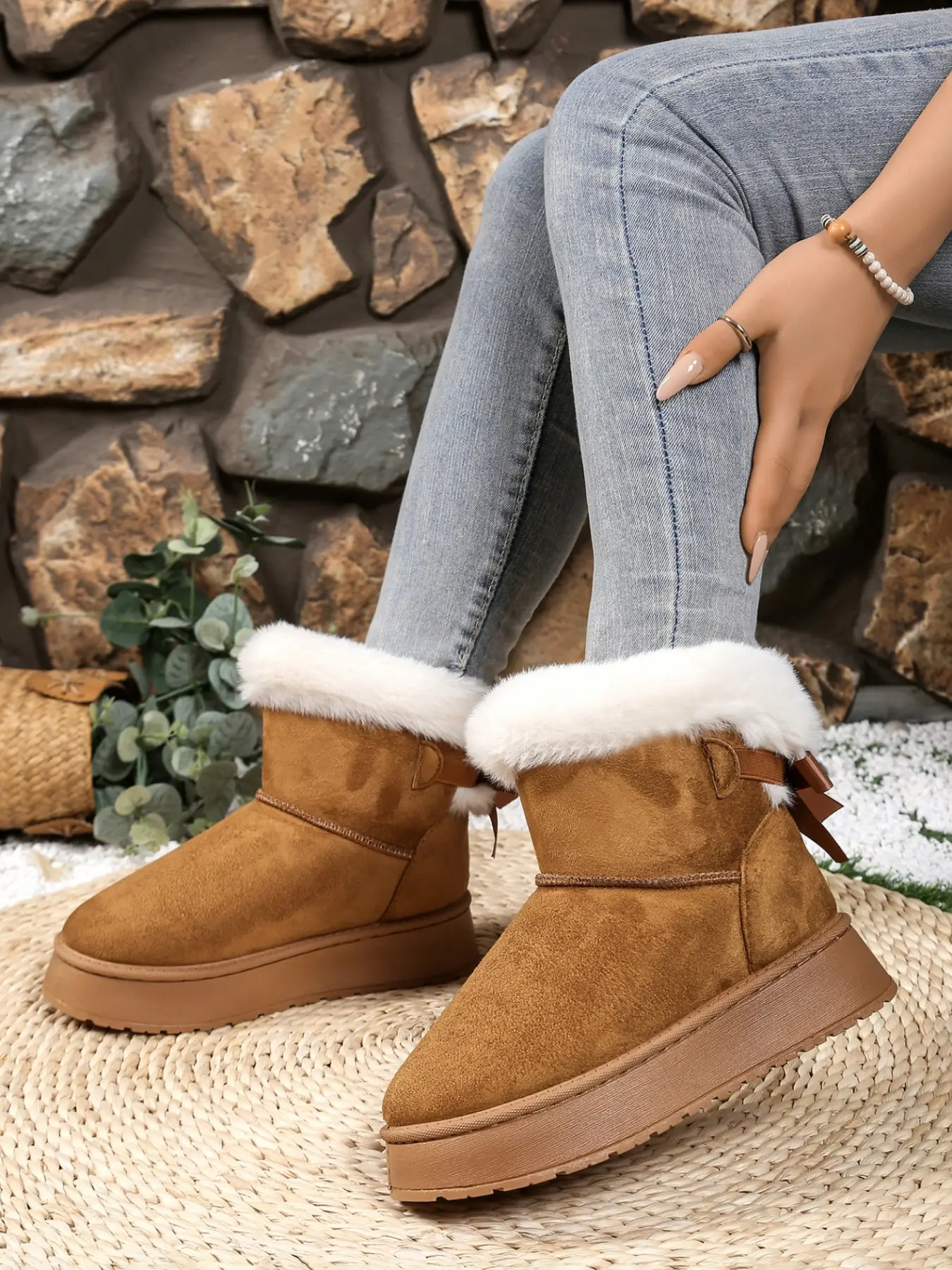 Women's Thick Sole Snow Boots, Fuzzy Boots, Winter Fleece Lined Warm Bow Flip-Fringe Short Cuff Cotton Boots, Cozy and Stylish Footwear for Cold Weather